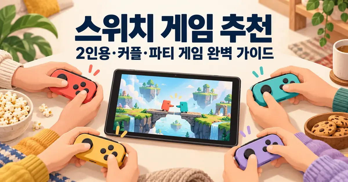 스위치 게임 추천 제목 아래 네 사람이 다채로운 컨트롤러로 하나의 화면 속 협동 게임을 함께 즐기는 모습.