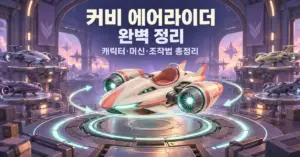 공중 정비고의 원형 플랫폼 위에 떠 있는 창작 비행 머신과 ‘커비 에어라이더 완벽 정리 – 캐릭터·머신·조작법 총정리’라는 제목이 담긴 이미지.