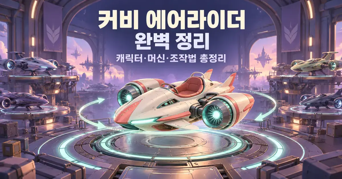 공중 정비고의 원형 플랫폼 위에 떠 있는 창작 비행 머신과 ‘커비 에어라이더 완벽 정리 – 캐릭터·머신·조작법 총정리’라는 제목이 담긴 이미지.